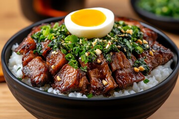 A bowl of Kao Kha Moo, braised pork leg served over rice with pickled mustard greens and a boiled egg