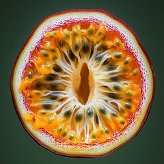 Poster - A close-up of a passion fruit cut in half, revealing the vibrant yellow flesh and numerous black seeds.