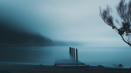 Serene and misty blue landscape with lonely pier