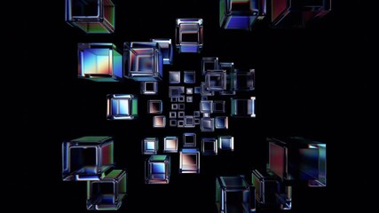 Poster - Abstract animation, geometric background design with colorful floating cubes, 4k looping video, 3d render