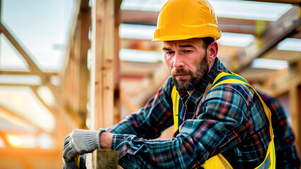 Construction worker wearing a helmet and safety gear, working at a building site with timber framing and construction tools.