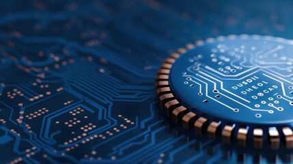 Poster - a detailed close-up of a blue printed circuit board featuring a microchip surrounded by intricate el