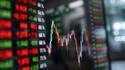 Poster - Traders analyze a dynamic stock market chart featuring green and red candlestick patterns representing active price changes in real-time. The environment reflects a bustling financial hub
