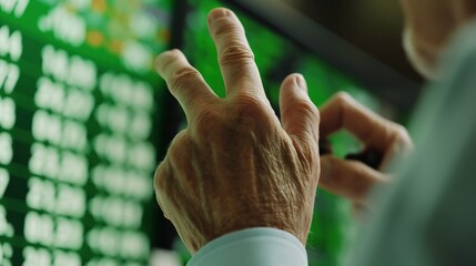 Poster - A focused trader uses hand gestures to discuss stock prices displayed on a digital screen filled with green indicators while in a busy office environment