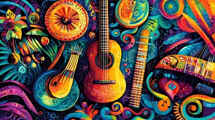 Wall Mural - a vibrant vector illustration of traditional latin american musical instruments, surrounded by swirl