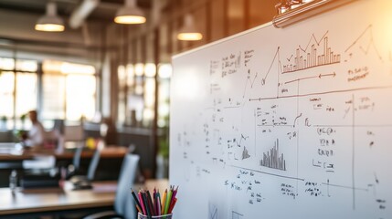 Aufkleber - Whiteboard with business diagrams in a modern office. Symbolizing corporate planning, data strategy, and teamwork.