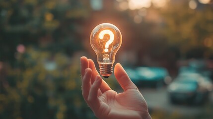 Poster - Hand holding a glowing lightbulb with a question mark inside against a blurred outdoor background. Symbolic image representing ideas, inspiration, and curiosity.