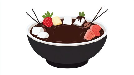 Poster - A bowl of chocolate fondue with various dipping items like fruit and marshmallows, beautifully presented with a simple white background.
