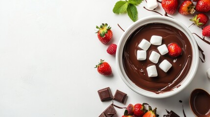 Poster - A bowl of chocolate fondue with various dipping items like fruit and marshmallows, beautifully presented with a simple white background.
