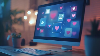 Poster - Desktop computer screen displaying social media interaction icons like hearts and likes, set in a modern workspace. Concept of business, online engagement, and digital marketing.