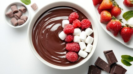Poster - A bowl of chocolate fondue with various dipping items like fruit and marshmallows, beautifully presented with a simple white background.