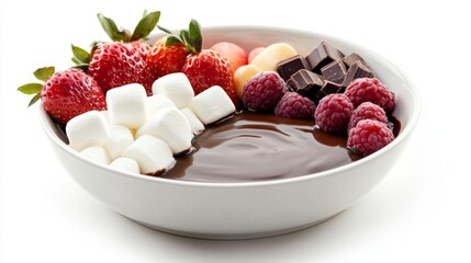 Poster - A bowl of chocolate fondue with various dipping items like fruit and marshmallows, beautifully presented with a simple white background.
