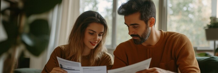 A couple sits together at home, reviewing important documents, suggesting teamwork and cooperation.