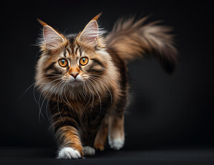 Wall Mural - Fluffy tortoiseshell Maine Coon cat on a black background