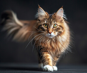 Wall Mural - Fluffy tortoiseshell Maine Coon cat on a black background