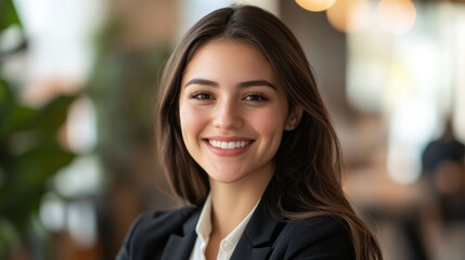 Fototapete - A businesswoman with a friendly, approachable smile, wearing business attire, captured in a well-lit office setting with her face clearly in focus.