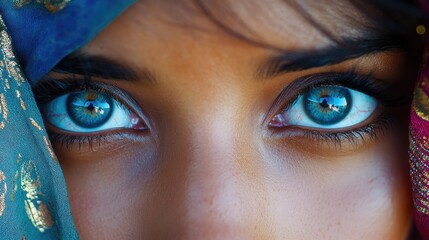 Sticker - Close-up of a Woman's Blue Eyes with Fabric Background