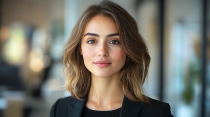 Aufkleber - A businesswoman with medium-length hair, looking confidently at the camera, with her face in sharp focus and a modern office setting in the background.