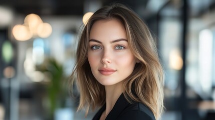 Aufkleber - A businesswoman with medium-length hair, looking confidently at the camera, with her face in sharp focus and a modern office setting in the background.