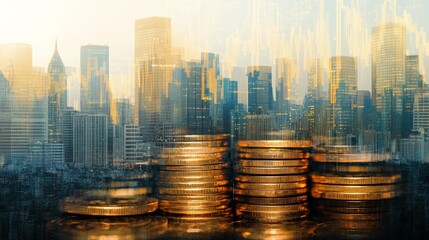 Poster - Blended image of financial charts and a cityscape with rows of coins, illustrating the connection between economic trends and urban finance.