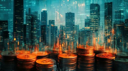 Poster - Blended image of financial charts and a cityscape with rows of coins, illustrating the connection between economic trends and urban finance.