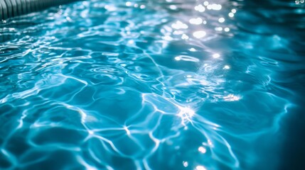 Poster - Bright blue water with ripples and light reflections in a swimming pool, showcasing a vibrant and refreshing atmosphere.
