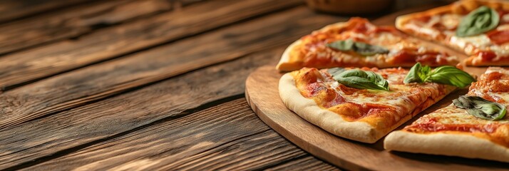 A freshly baked pizza topped with basil leaves on a rustic wooden board, ready to be enjoyed.