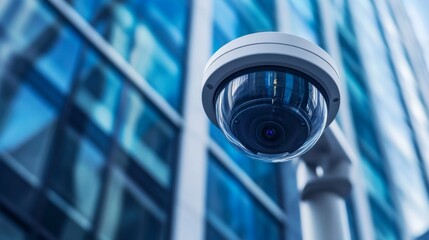 Aufkleber - A CCTV camera installed on the exterior of a commercial building, capturing a wide-angle view of the surrounding area with a focus on security and surveillance.