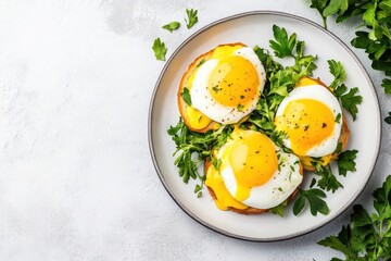 A plate of sunny-side-up eggs on toast with cheese and greens, white background-gigapixel-hq-scale-6_00x