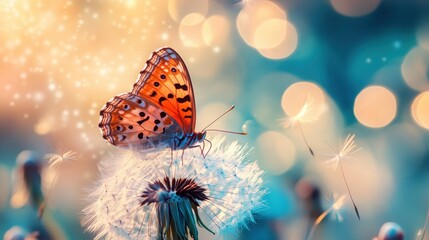 Wall Mural - Beautiful butterfly on a dandelion a beautiful, magical background with blue sky, blurred bokeh lights, macro photography