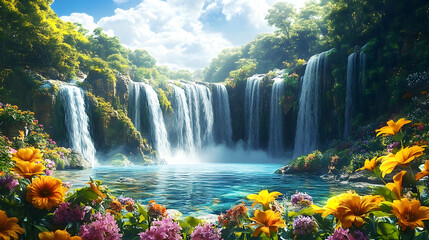 Wall Mural - Waterfalls and flowers, beautiful landscape, magical and idyllic background with many flowers in Eden.