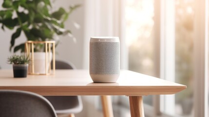 Concept smart Speaker on Wooden Table. Generative AI.