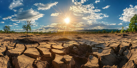 Sticker - A striking and vivid landscape powerfully illustrates the severe effects of drought and climate change, showcasing the cracked earth under a radiant and blistering sun that beats down relentlessly