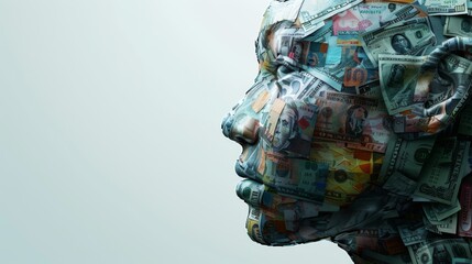 Poster - Abstract face design made from a combination of various currency notes, presenting a unique blend of financial elements and facial structure, with a clean background