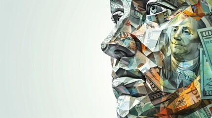 Poster - Abstract face design made from a combination of various currency notes, presenting a unique blend of financial elements and facial structure, with a clean background