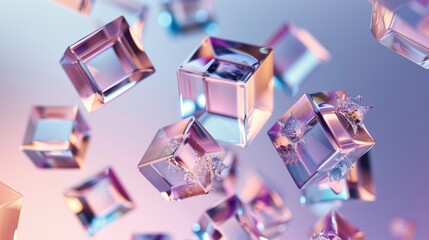 Fototapete - Abstract scene featuring a cluster of floating cubes with varying transparencies and hues on a smooth, neutral backdrop