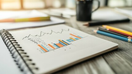 Aufkleber - Close-up of a notebook with hand-drawn financial charts surrounded by colorful pencils in a creative workspace. Concept of business planning.