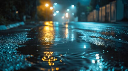 An empty street illuminated by streetlights, with rain creating ripples in puddles on the road and a misty haze in the distance.