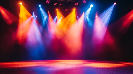 Poster - An illuminated stage with colorful light spots and beams, creating a vibrant and lively background for performances.