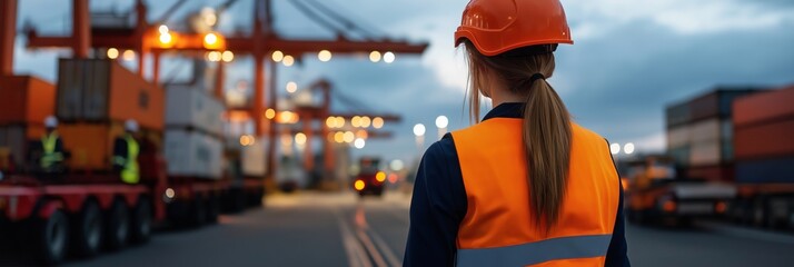 Female port worker in safety vest and helmet overseeing container operations during dusk with a busy port scene.