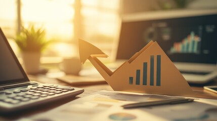 Poster - Paper arrow showing upward trend on business documents near a calculator. Represents financial growth, business success, and market analysis.
