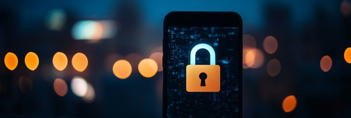 Poster - Smartphone with a glowing digital lock icon against a city nightscape background. Mobile cybersecurity and secure access concept