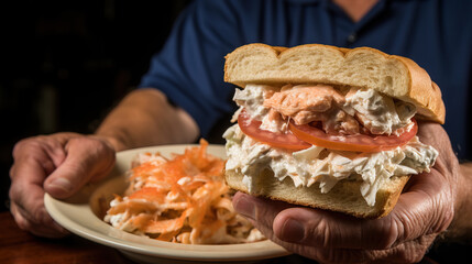 Close-Up of a Delicious Crab Sandwich with Coleslaw