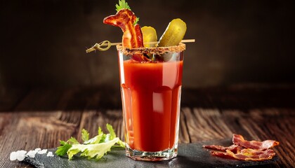  Bloody Mary with bacon and pickles on top. 