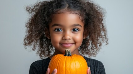 Wall Mural - A young girl is holding a pumpkin in her hand