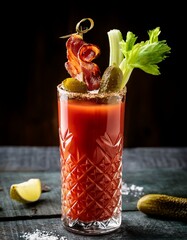  Bloody Mary with bacon and pickles on top. 