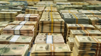 Poster - Bundles of US currency in organized rows
