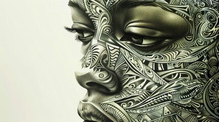 Poster - Close-up of a face composed of intricate patterns of money, creating a visually striking and detailed composition