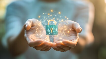 Fototapete - Hand holding a digital lock icon with glowing lines, symbolizing cybersecurity and data protection for smart homes