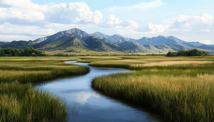 Scenic mountain landscape with a winding river flowing through lush green grass under a partly cloudy sky on a bright sunny day.